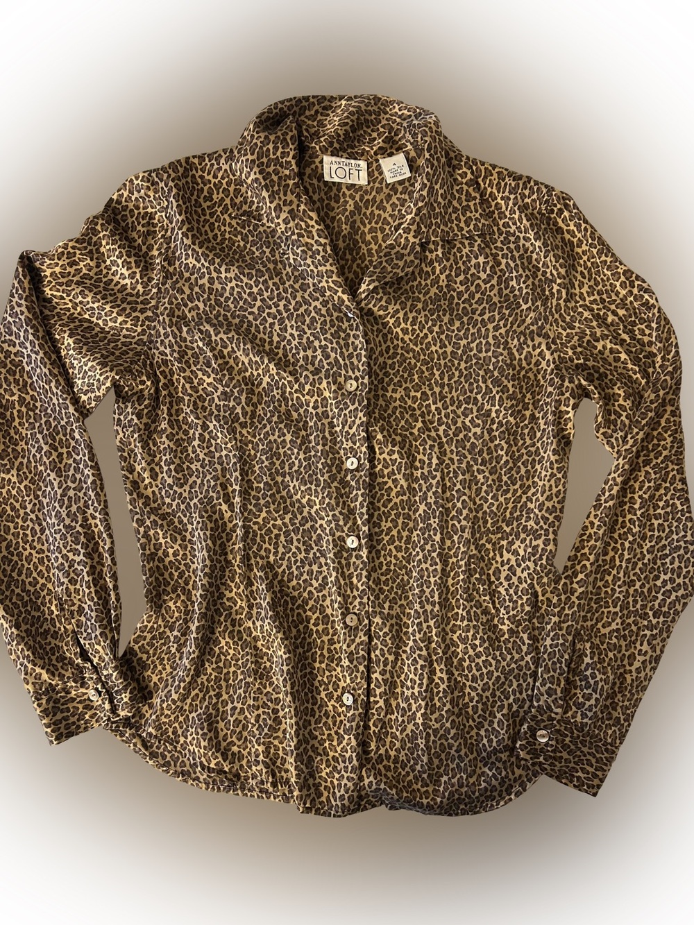 Vintage 90s Ann Taylor LOFT 100% Silk Brown Leopard Print Blouse - Size 4